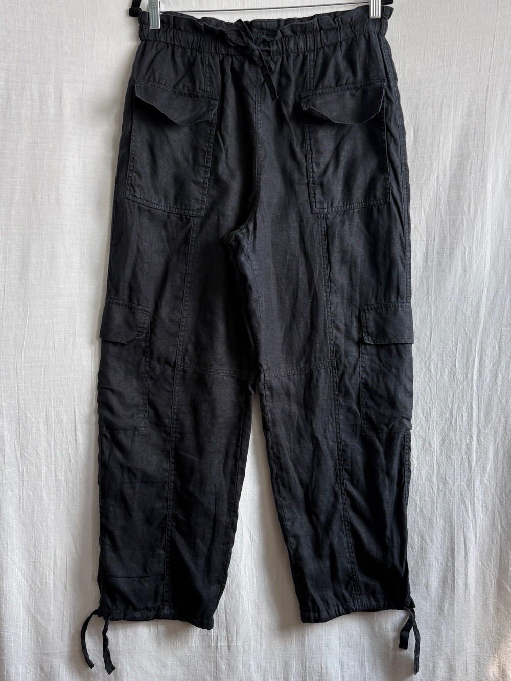 Magaschoni 100% Linen Black Cargo Drawstring Paperbag Waist Ties Lined Pants